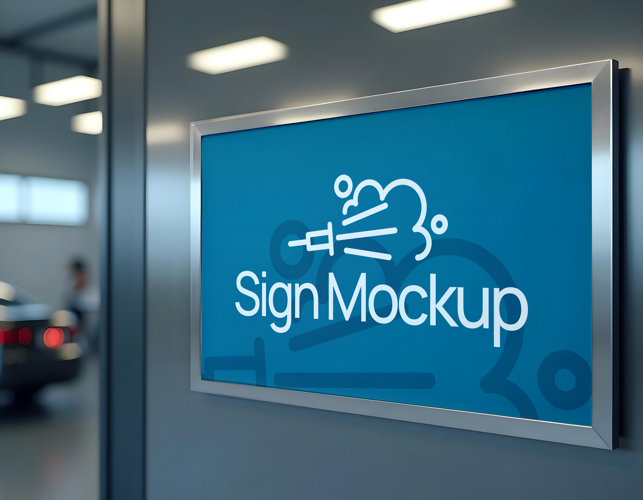 A sign mockup displayed on a sleek metallic frame psd