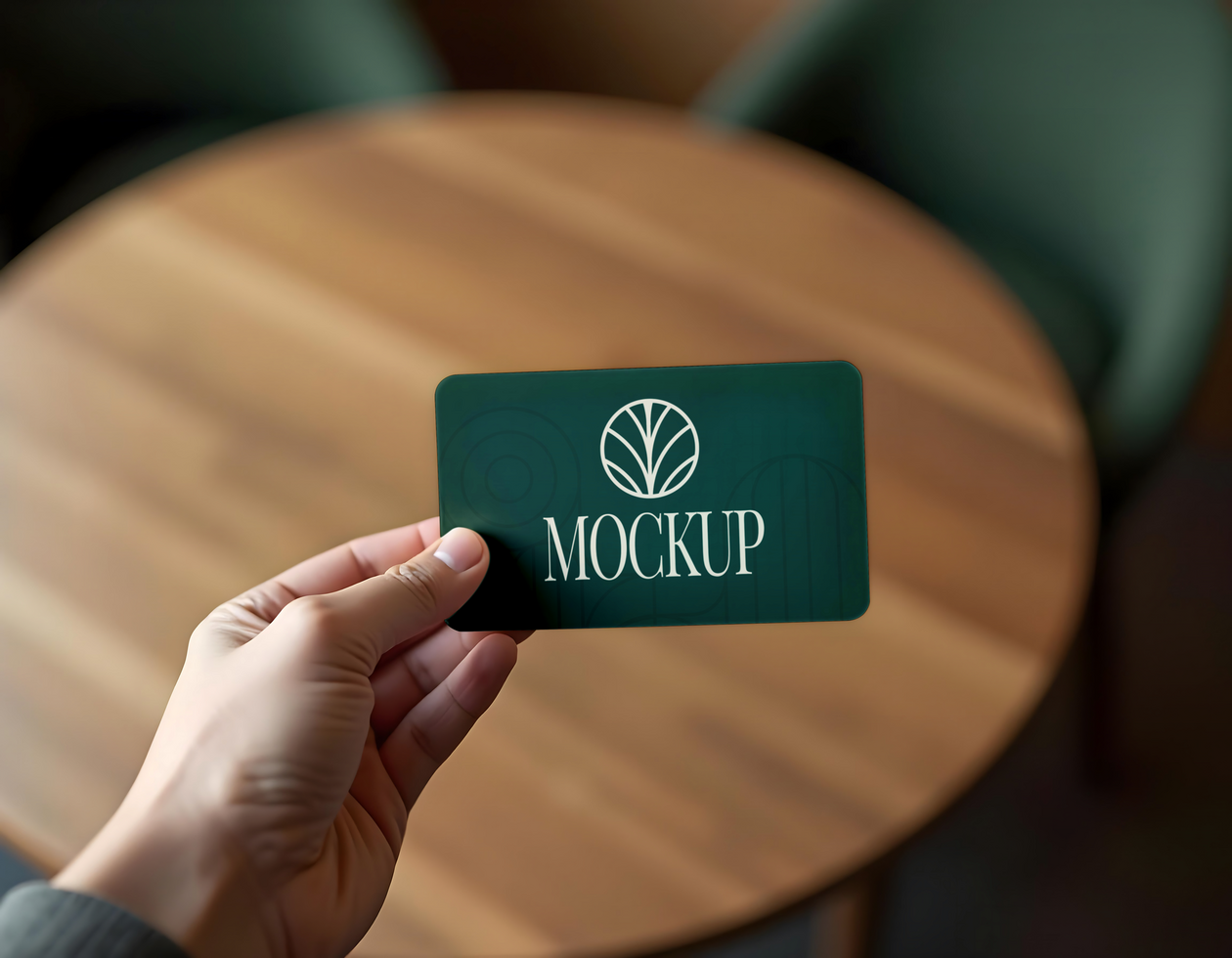 A hand holds a dark green card with a logo and the word MOCKUP psd
