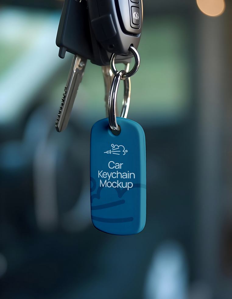 A blue car keychain mockup hangs from a set of car keys psd