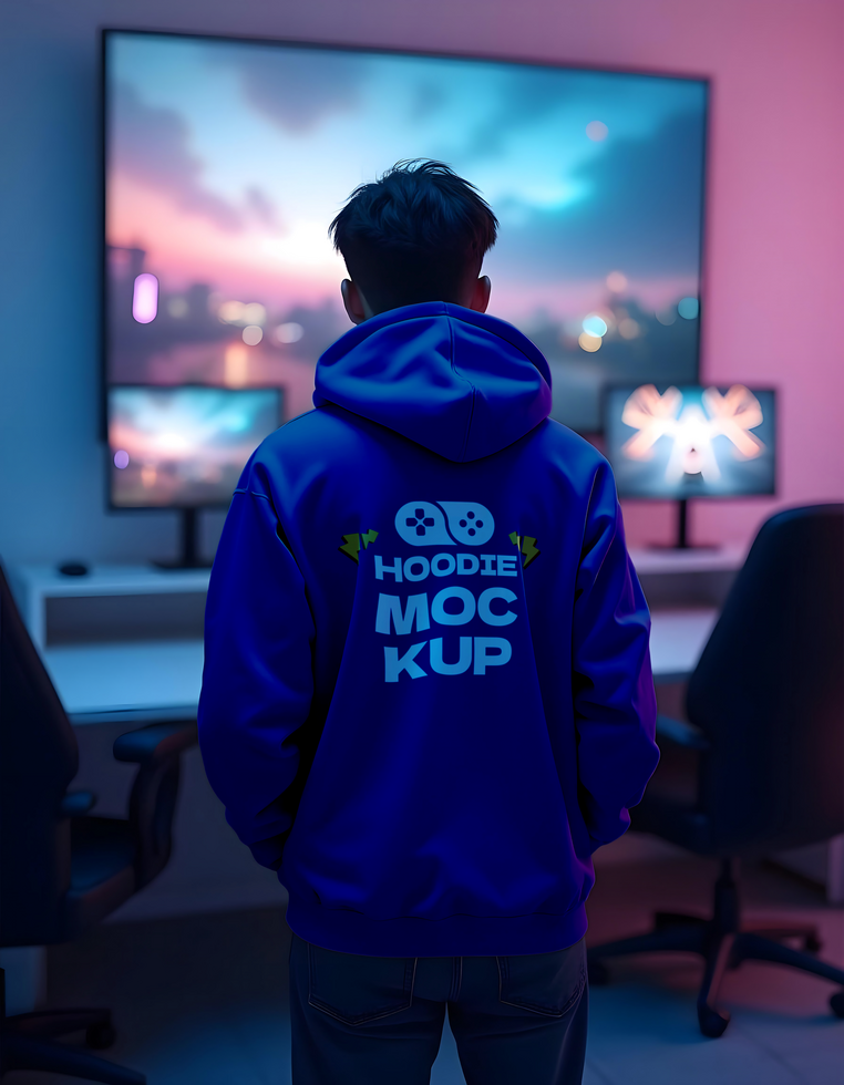 A person wearing a blue hoodie that says Hoodie Mockup on the back gazes at a vibrant cityscape displayed on a large screen psd