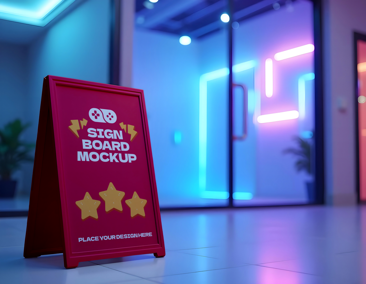 A red signboard mockup with three stars stands in a vibrant neon lit hallway psd