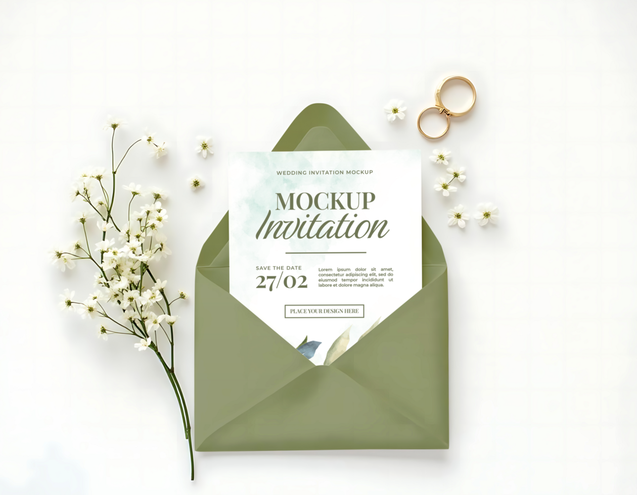 A wedding invitation mockup with a save the date for February 27th nestled in a sage green envelope adorned with delicate white flowers and gold rings psd
