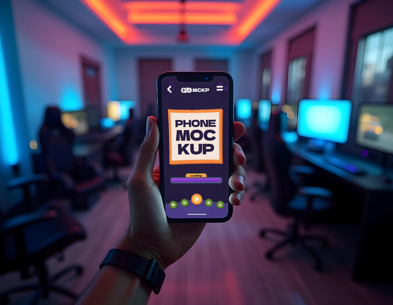 A hand holds a phone displaying a phone mockup in a vibrant gaming room psd