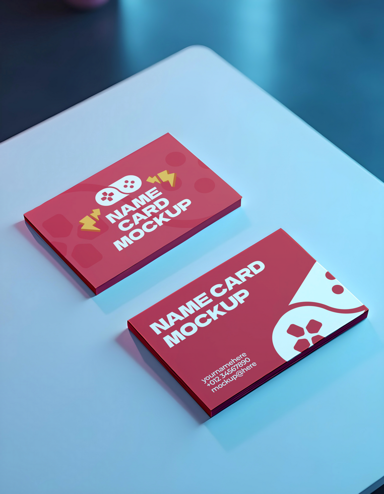 Two red name card mockups rest on a light blue surface psd