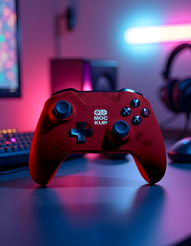A red gaming controller sits on a desk bathed in neon light psd