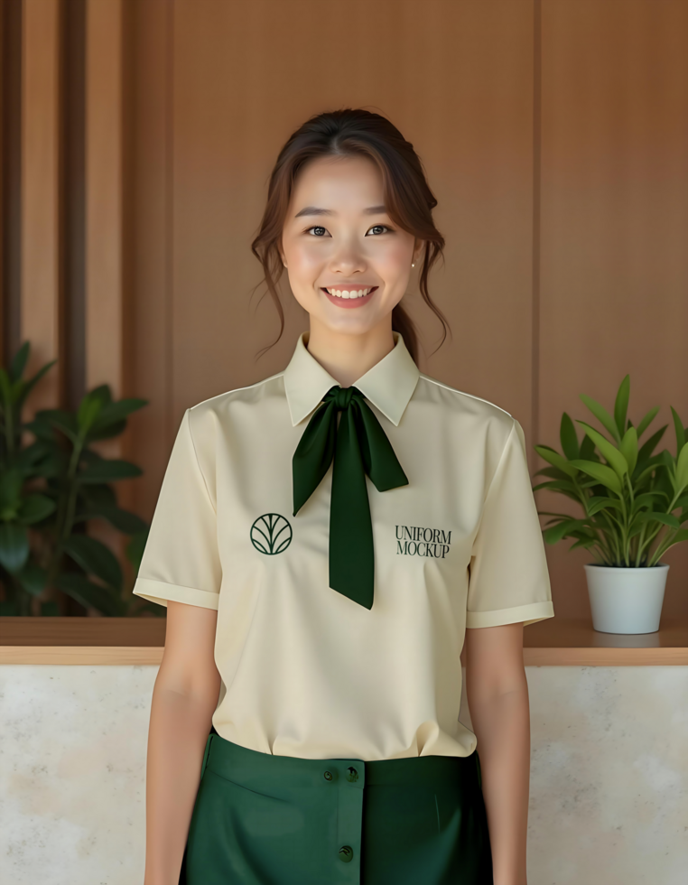 A smiling young woman in a cream colored uniform shirt and dark green skirt psd