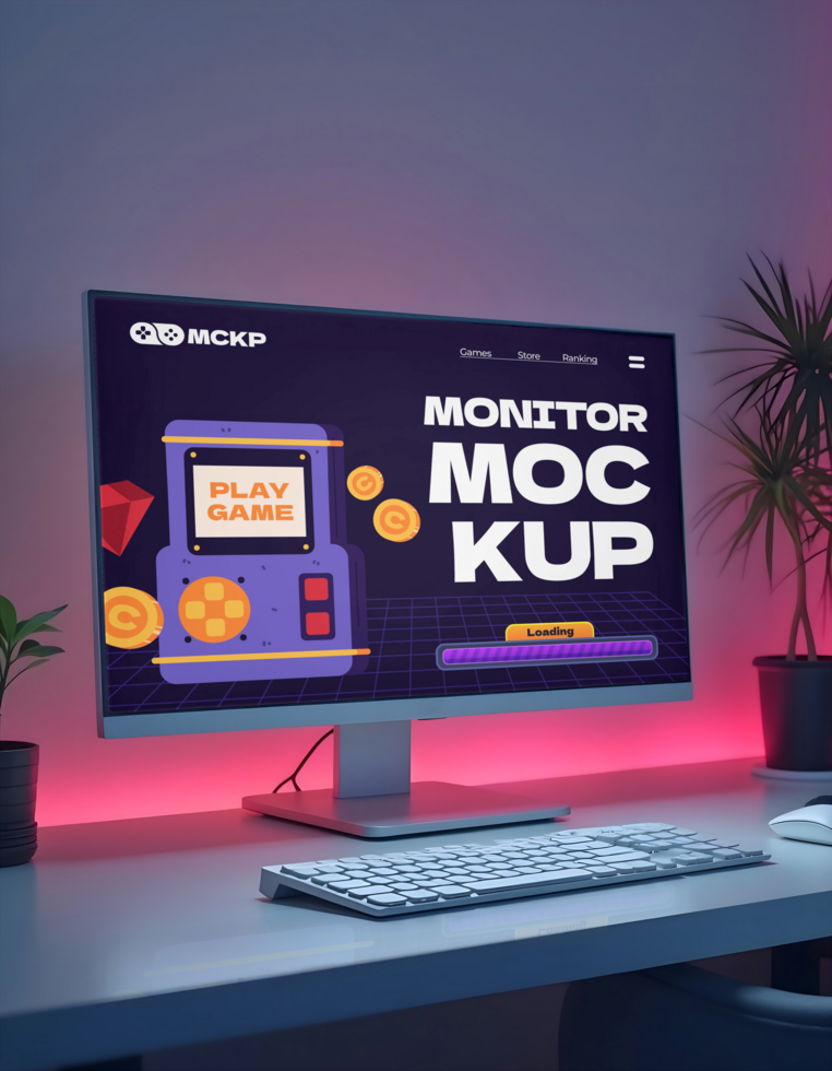 A computer monitor displays a game loading screen with vibrant graphics and the text Monitor Mockup psd