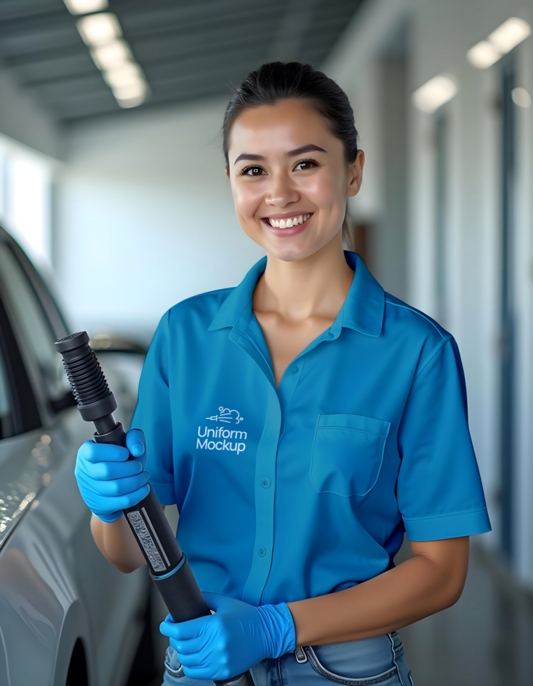 A smiling woman in a blue uniform holds a detailing tool ready to work psd