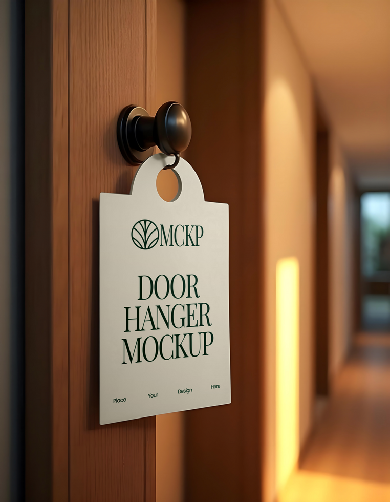 A door hanger mockup hangs on a wooden door in a hallway psd
