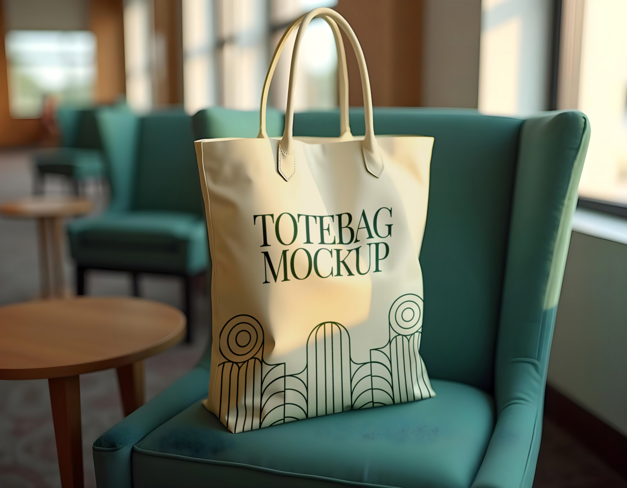 A cream tote bag with green geometric design and Totebag Mockup printed on it sits on a teal armchair psd