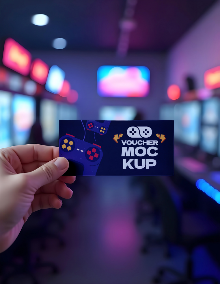A hand holds a gaming voucher in a brightly lit arcade psd