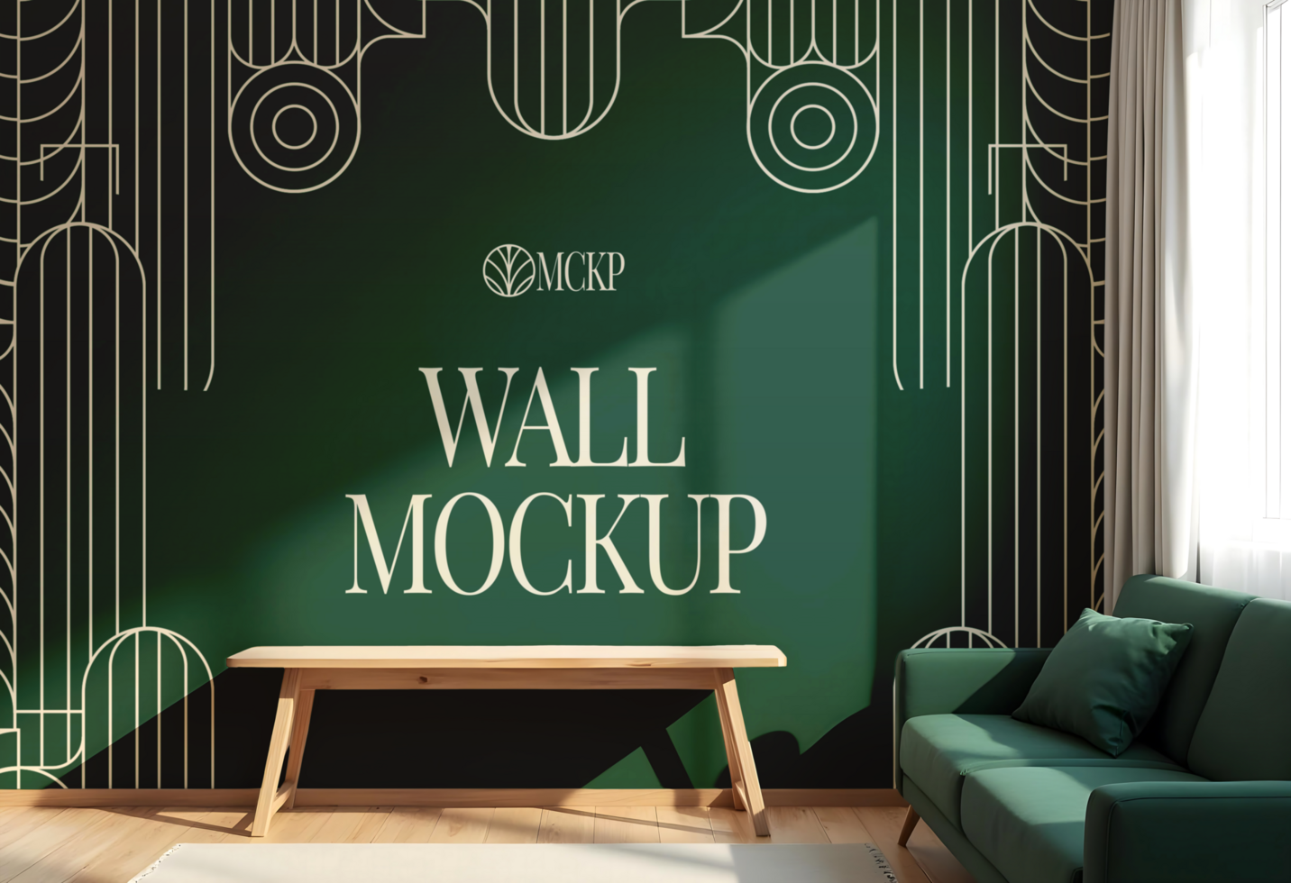 A green wall mockup displays an art deco design and a wooden bench psd