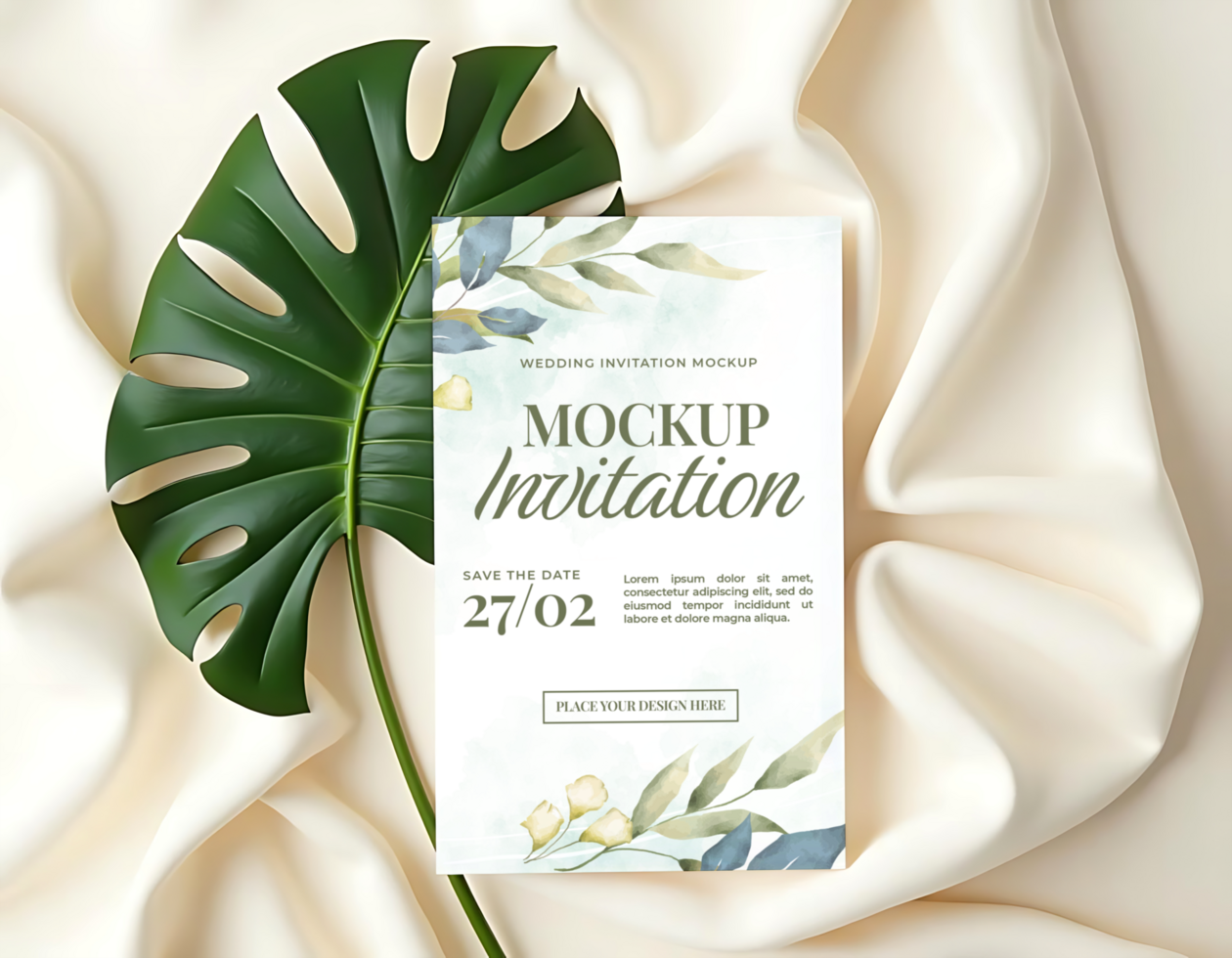 A wedding invitation mockup featuring a delicate watercolor design rests on a creamy silk fabric adorned by a lush monstera leaf psd