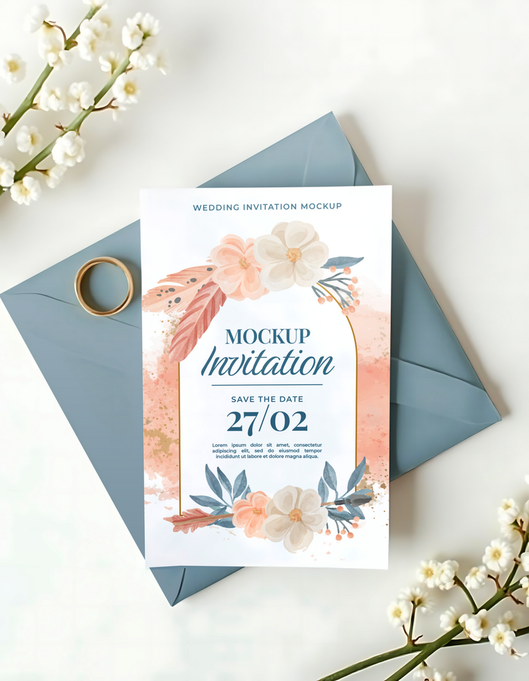 A wedding invitation mockup with a floral design set to be sent out on February 27th psd