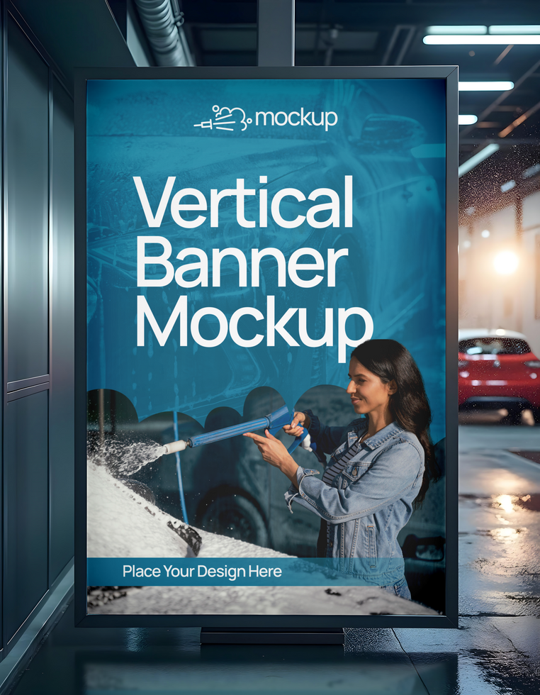 A vertical banner mockup shows a woman washing a car with a snow foam lance psd