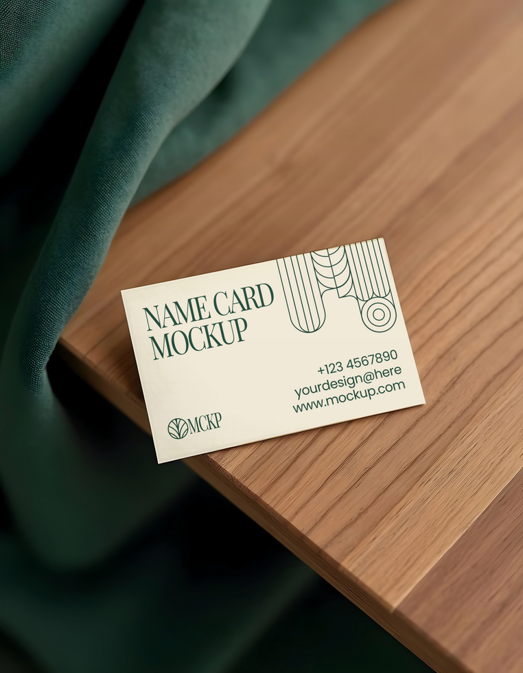A minimalist name card mockup rests on a wooden surface psd