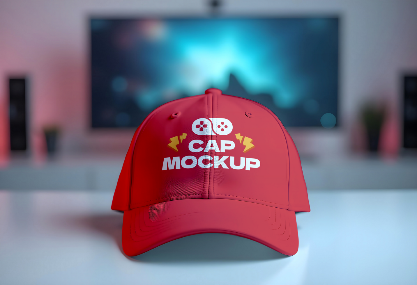 A red baseball cap with a gaming themed logo reads Cap Mockup psd