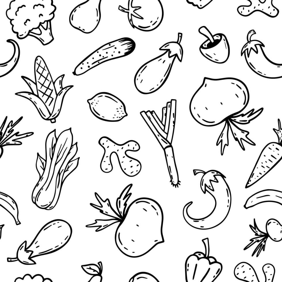 Hand drawn linear style. Seamless vegetable pattern. White and black vector