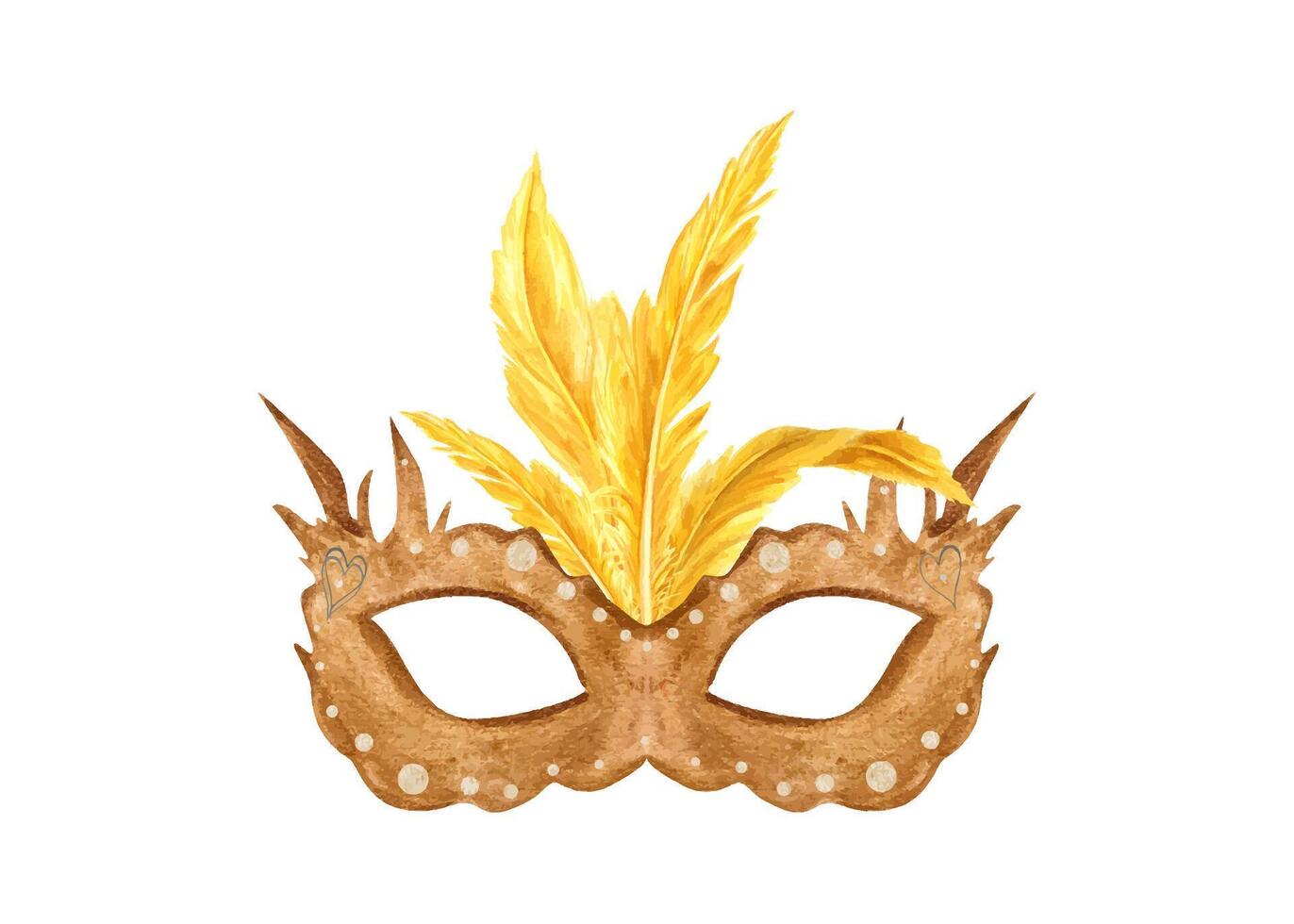 Golden carnival mask with yellow bird feathers watercolor illustration isolated background. Mardi gras, Rio, Venetian festival masquerade attribute for holiday Fat Tuesday parade greeting cards vector