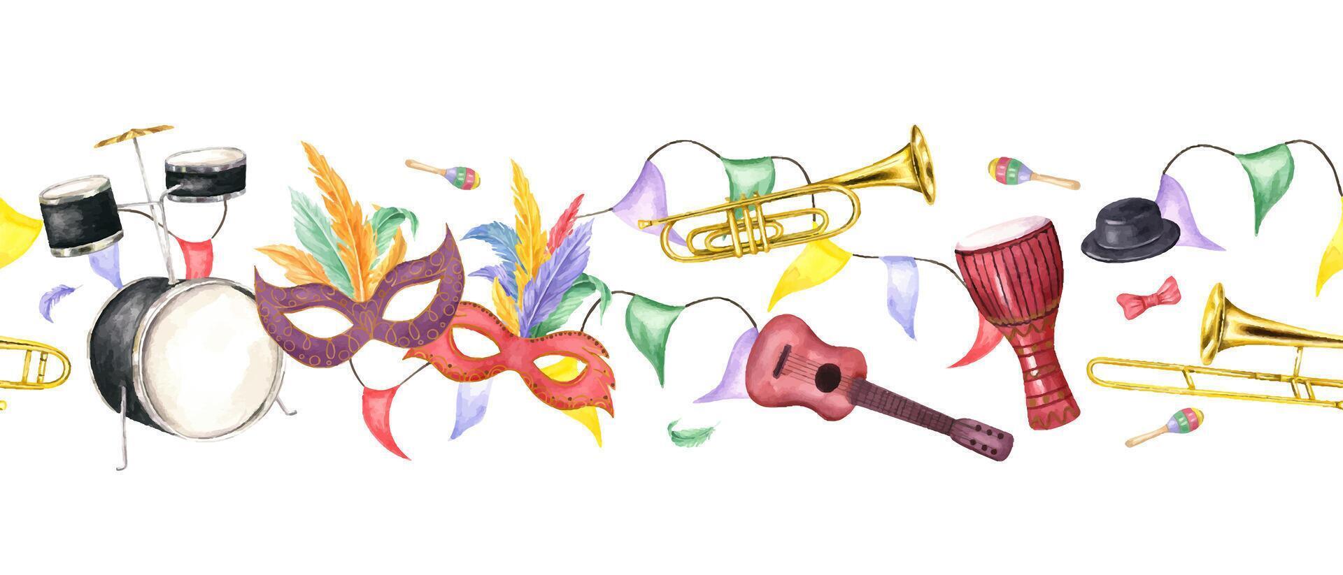 Carnival street party horizontal seamless banner isolated background. Music percussion, string and wind instruments, masks with feathers, flag garlands watercolor illustration for web design, canvas vector