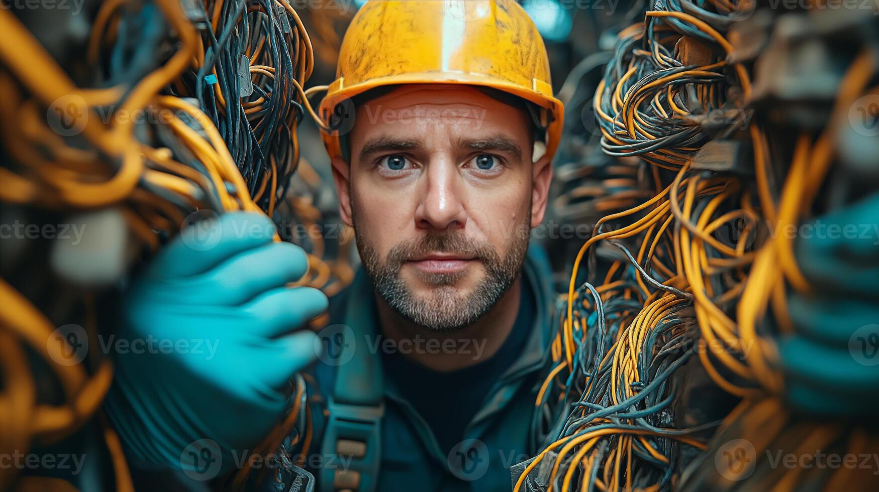 Skilled technician working among tangled wires in a modern facility photo