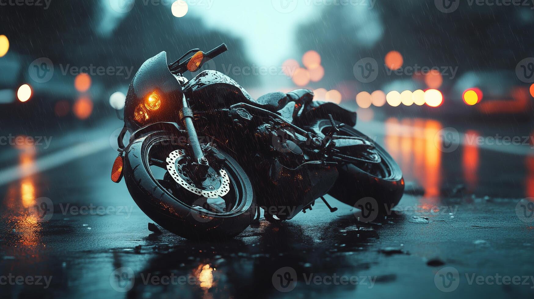 Motorcycle accident on a rainy road during twilight hours photo