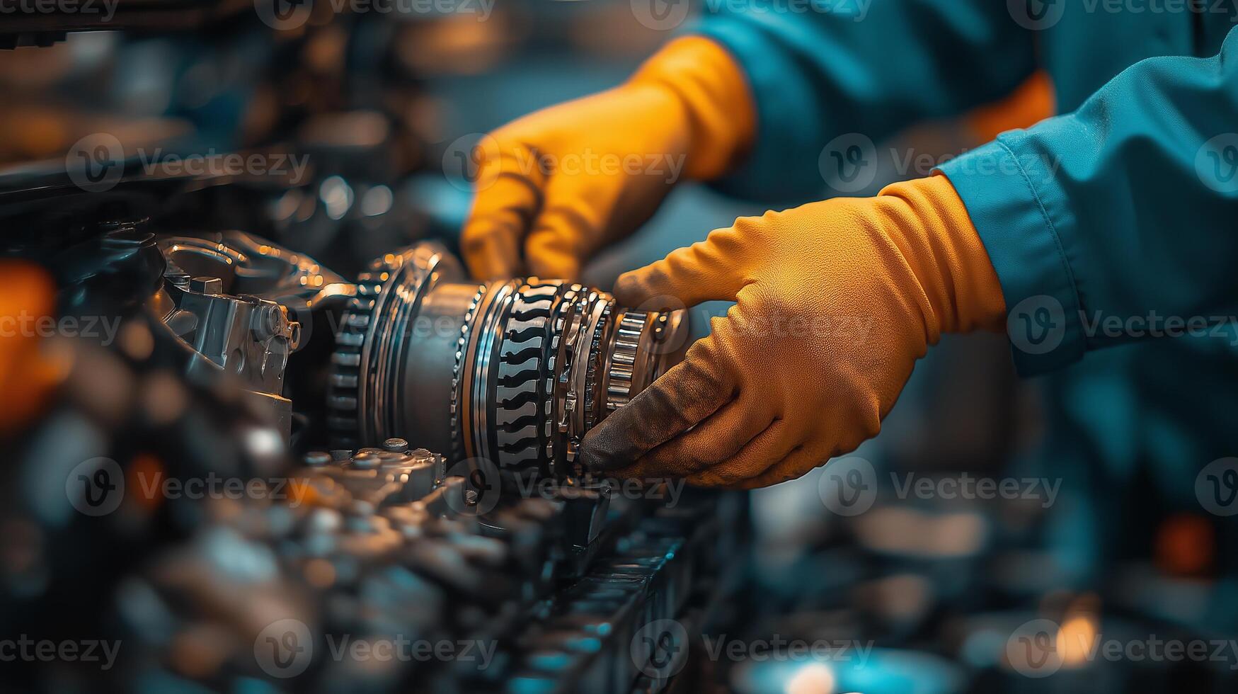 Skilled mechanic assembling engine components in a workshop setting photo