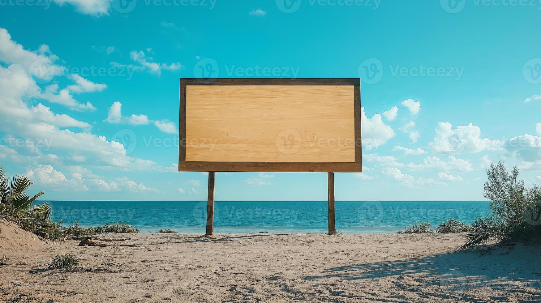 Blank wooden empty signboard mockup on sandy beach with ocean in background photo