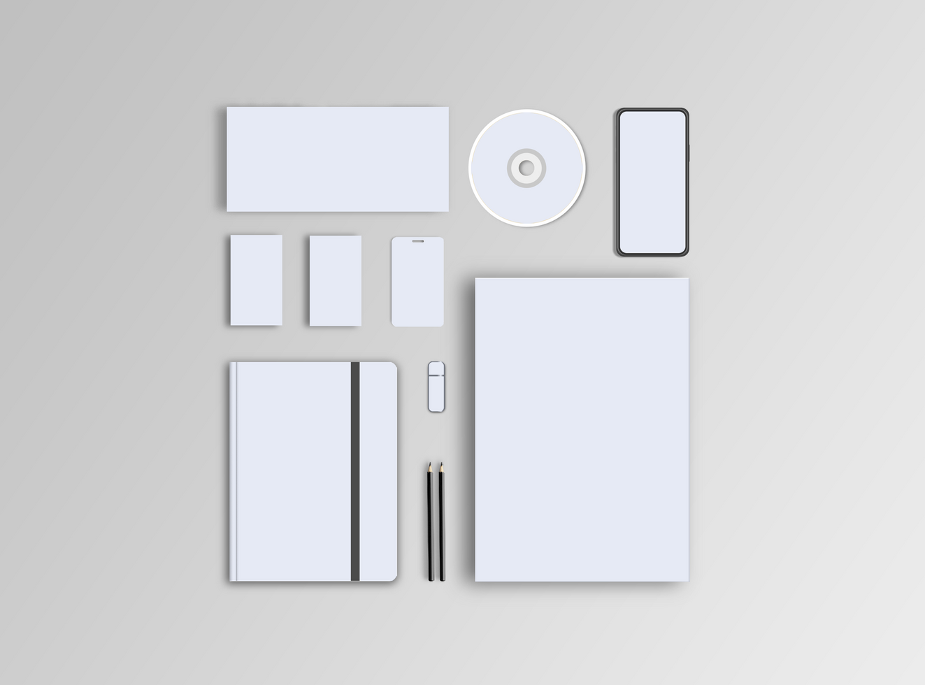 Stationary Mockup 3d Style with Notebook and Id Card, cd, pencil psd