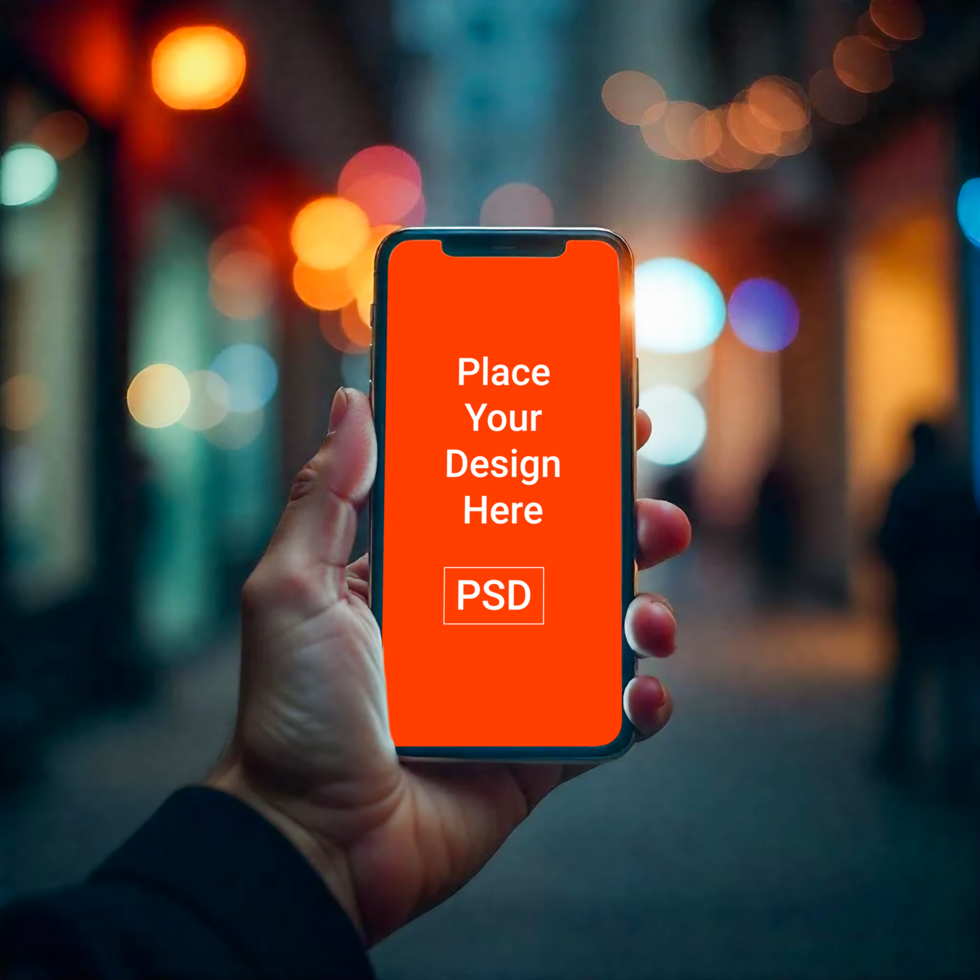 Realistic Smartphone Mockup in Hand with Customizable Screen Display psd