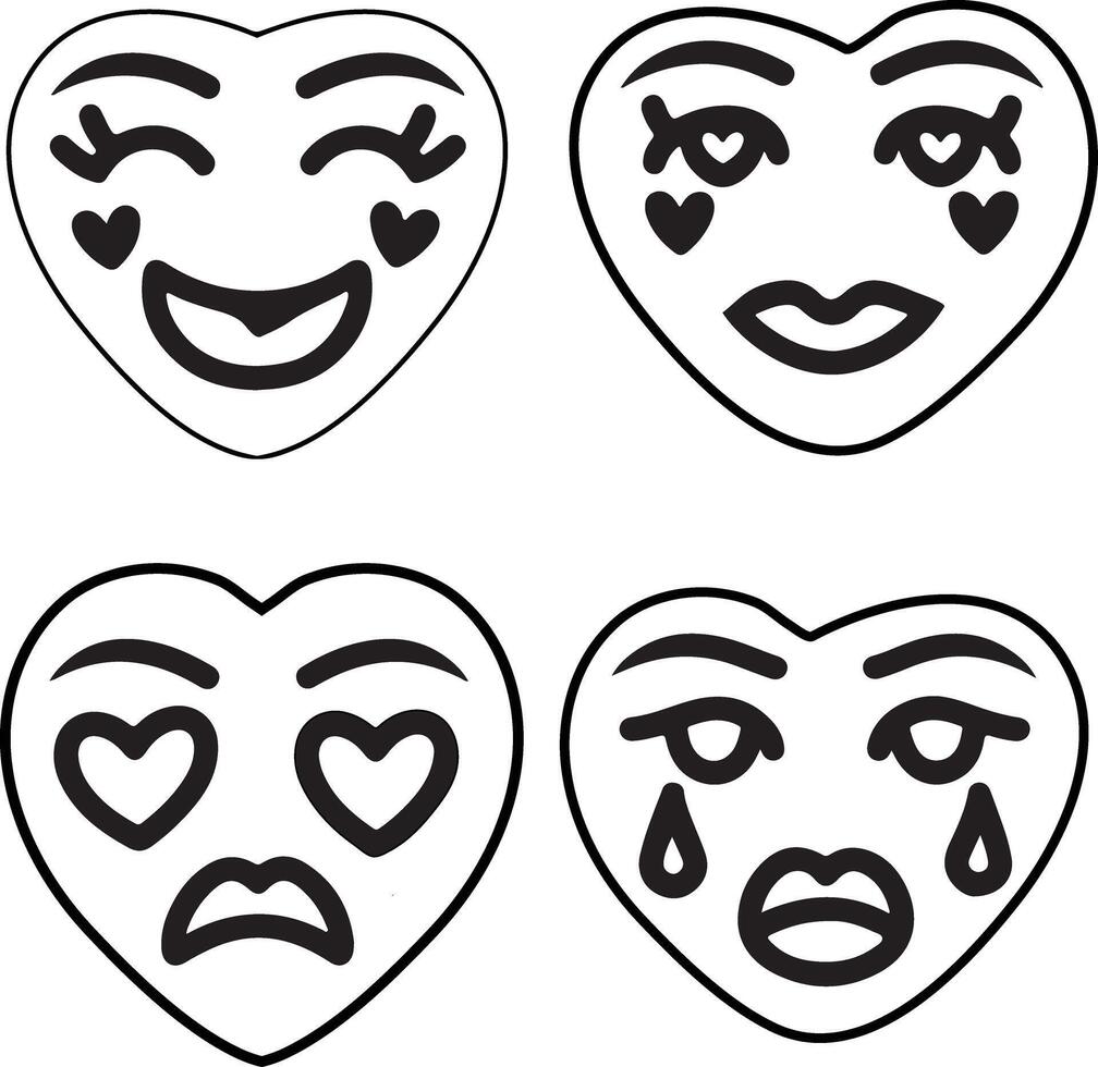 A set of expressive love themed face illustrations in bold, clean silhouette line art style vector