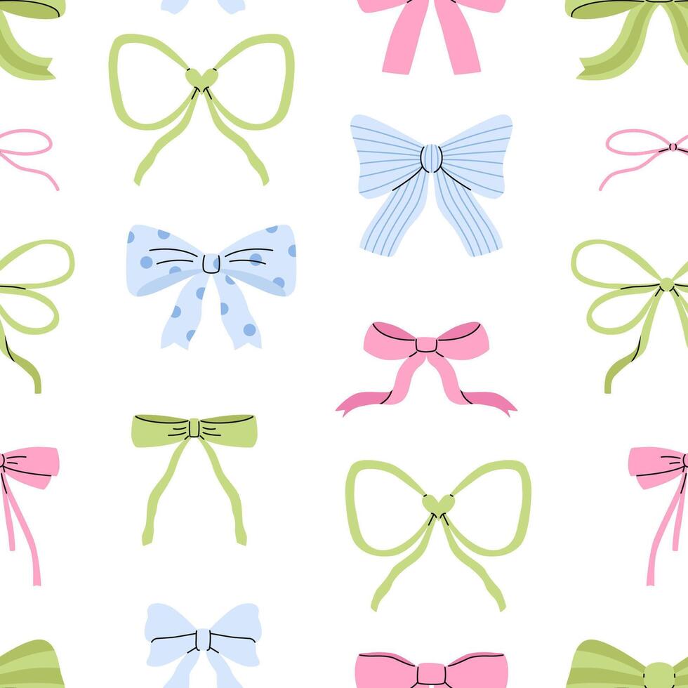 Seamless pattern with various cartoon bow knots. Gift ribbons. Trendy hair accessory. Hand drawn illustration. Valentines day background. vector