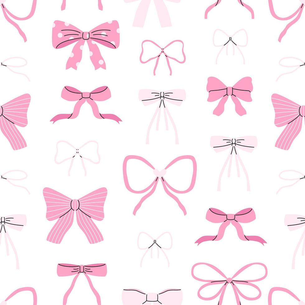 Pink bows seamless pattern. Various bows on a white background. Festive pattern. Design for wrapping paper, packaging, background, fabric, textile, home decor, gifts, greetings. vector