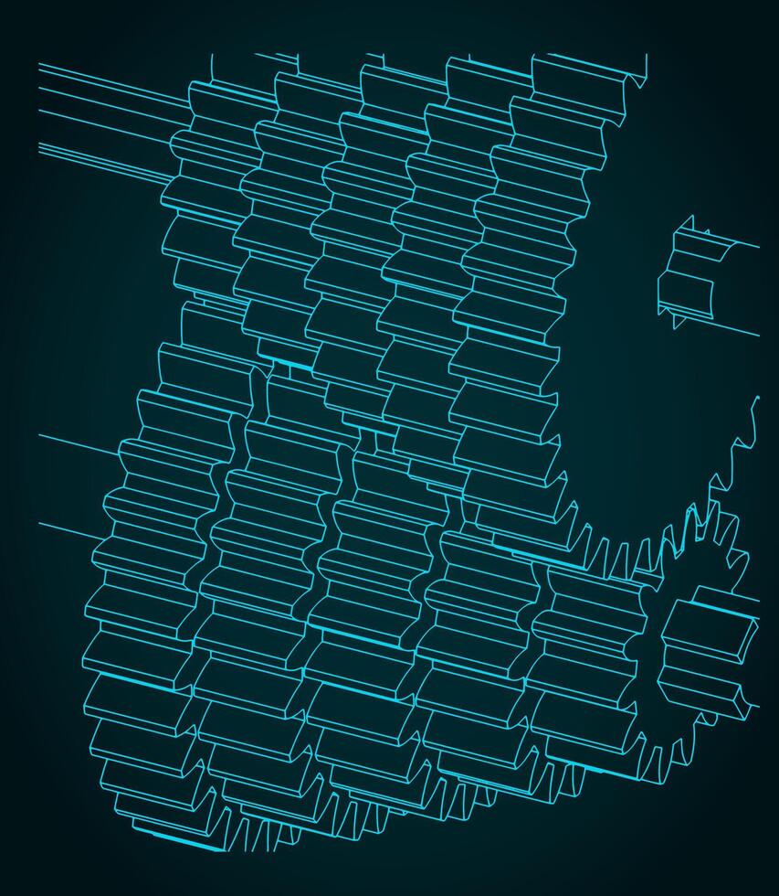 Gears mechanisms close-up isometric blueprint vector