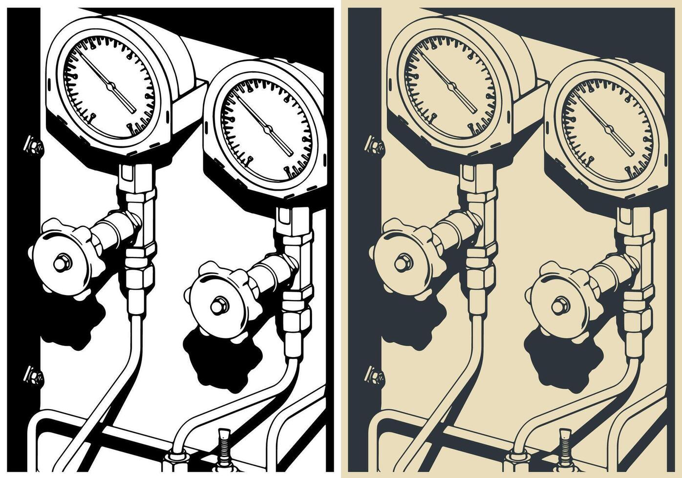 Hydraulic measuring instruments and valves close-up illustrations vector