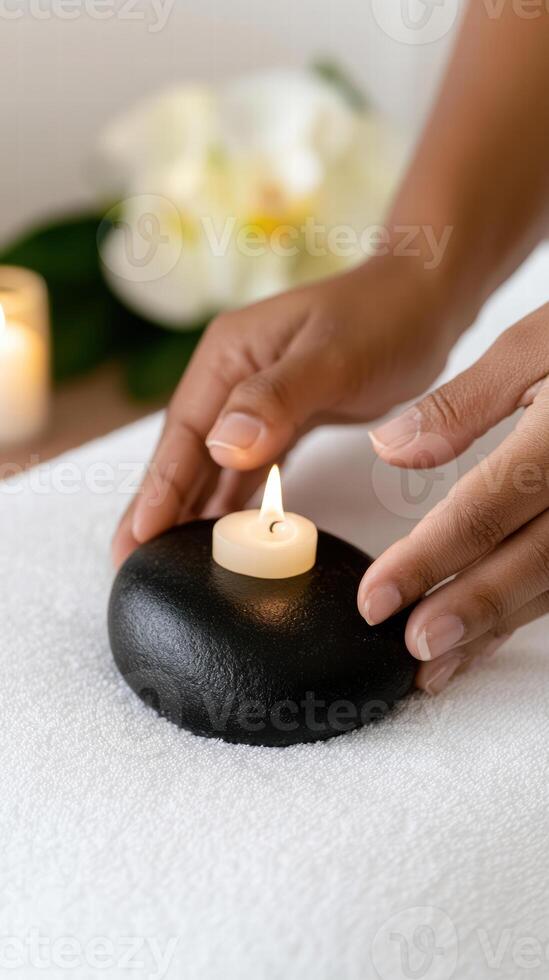 serene spa treatment featuring hand placing candle on smooth black stone, surrounded by soft towels and calming atmosphere photo