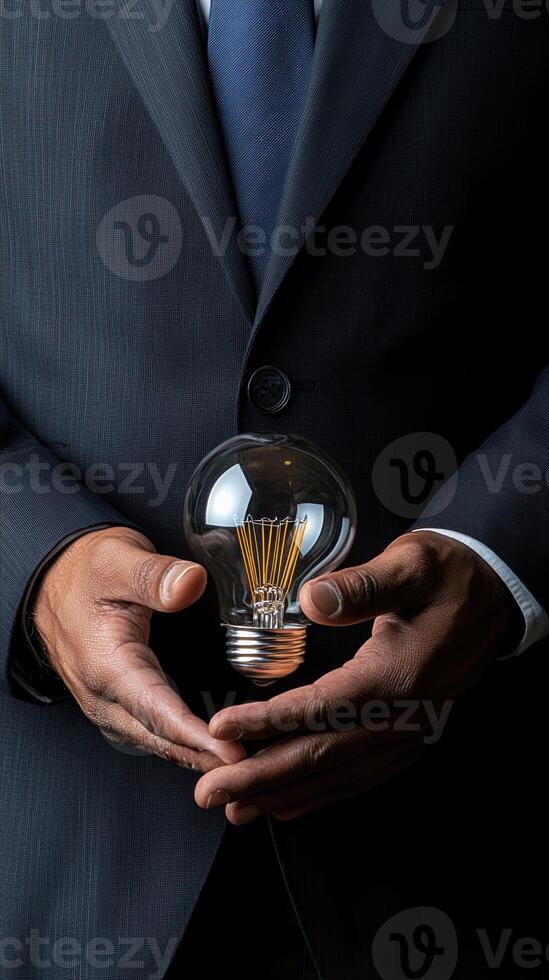 businessman holding light bulb symbolizes innovation and creativity. image captures essence of fostering new ideas and solutions in professional setting photo