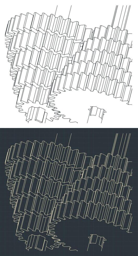 Gears mechanisms close-up isometric blueprints vector
