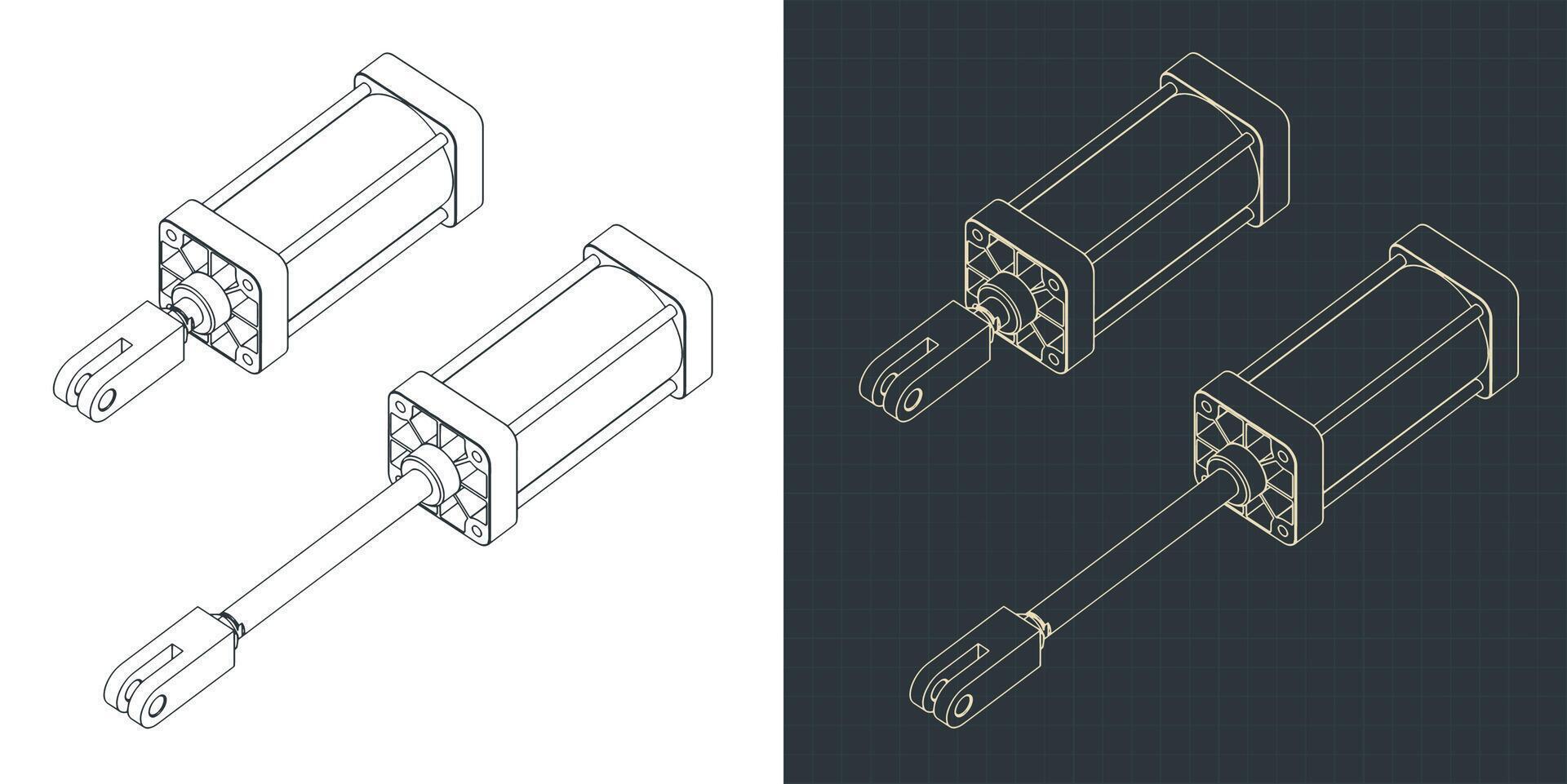 Pneumatic cylinder isometric blueprints vector
