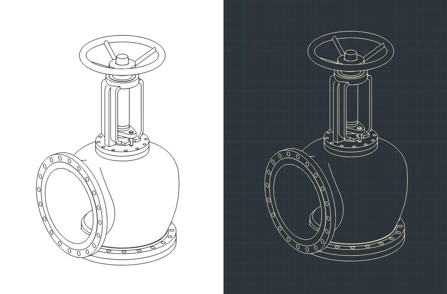 Flush valve 90 degree blueprints vector
