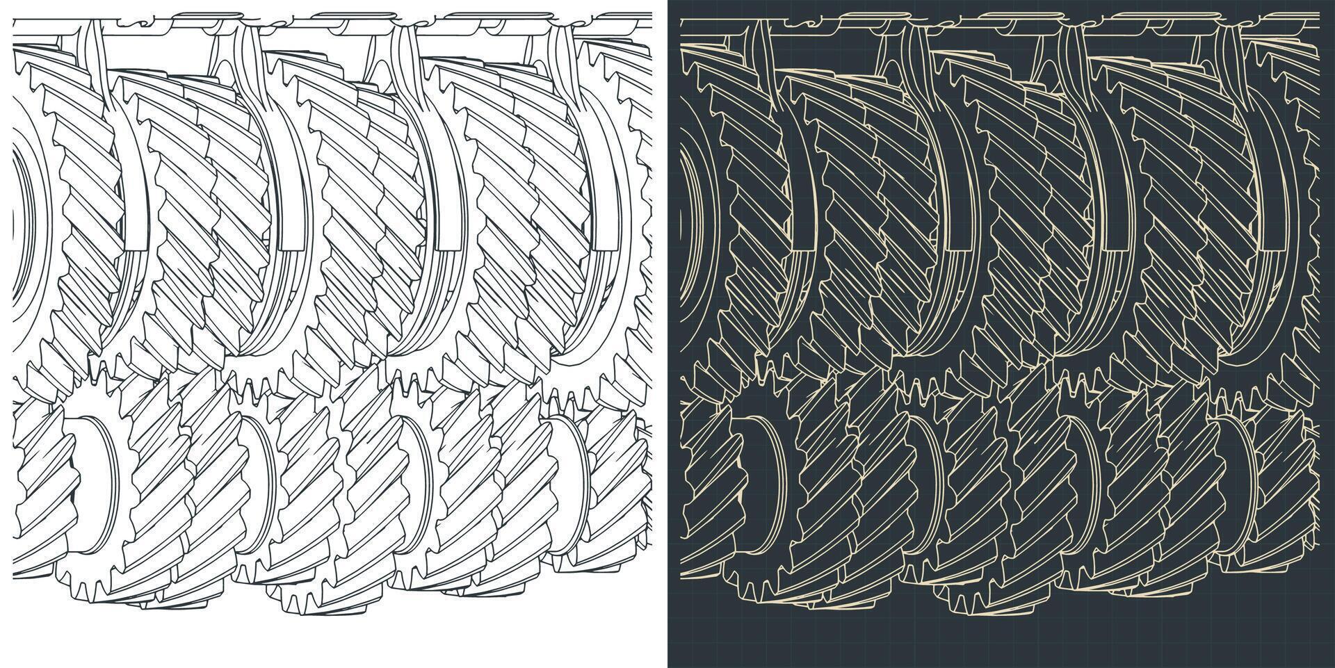 Gearbox mechanisms close-up blueprints vector