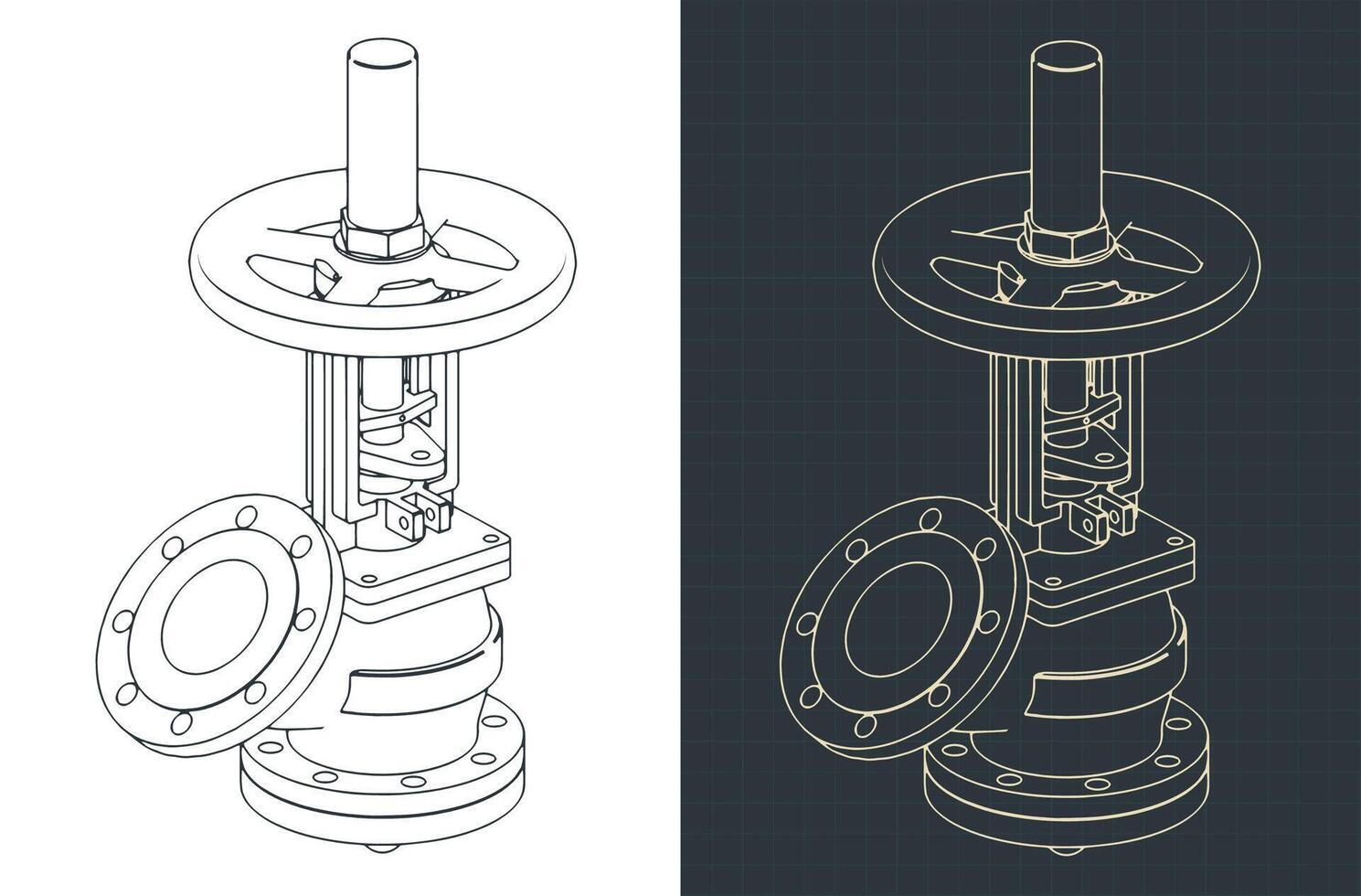Tank bottom valve isometric blueprints vector