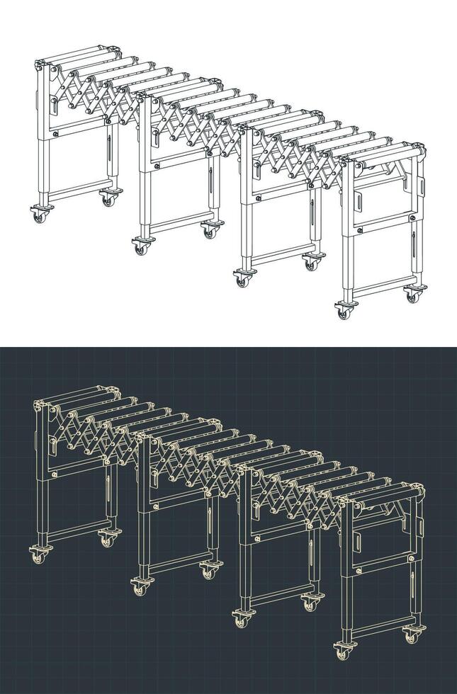 Adjustable accordion roller conveyor blueprints vector