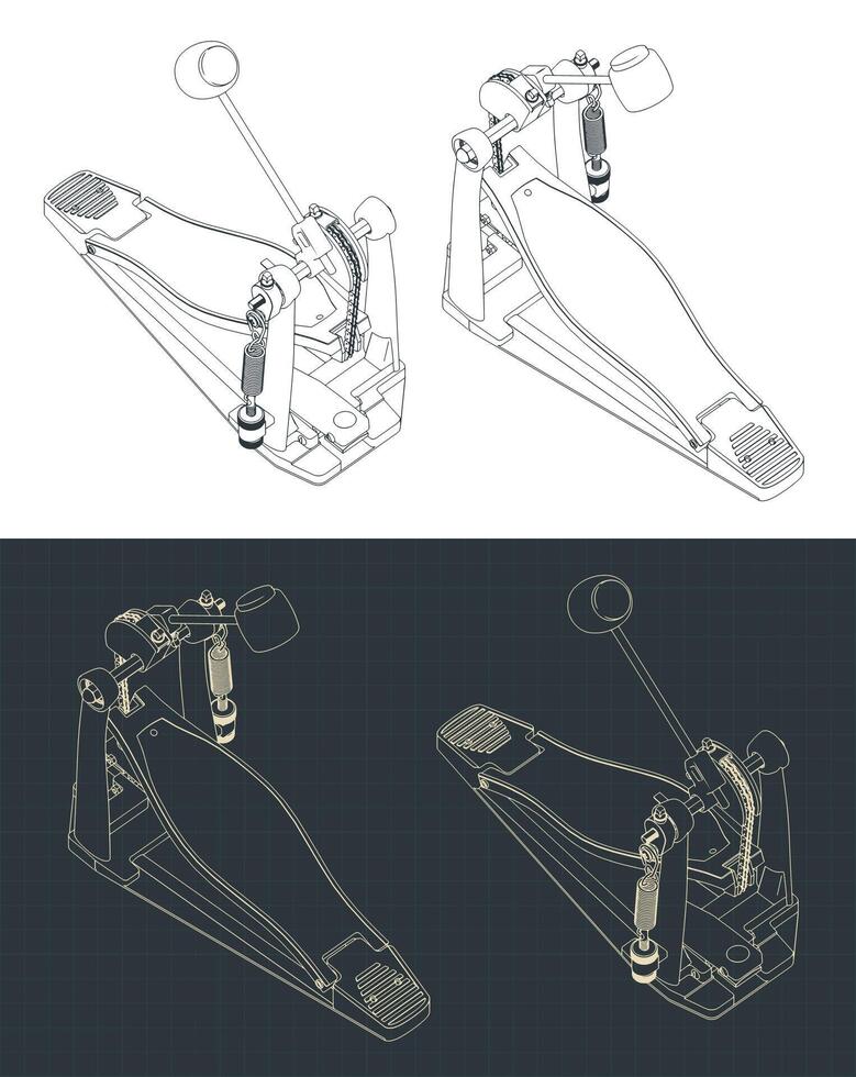 Bass drum pedal isometric blueprints vector