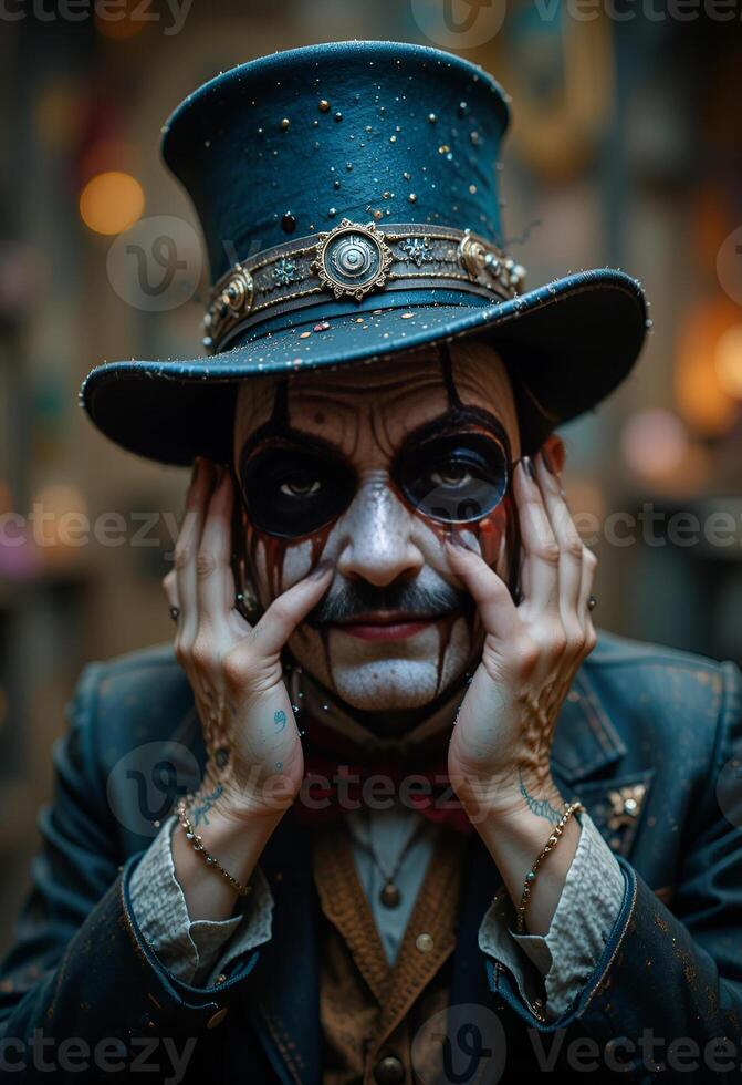 A man in a hat, with a fake mustache and makeup. He's wearing a steampunk costume. The man looks at the camera, his gaze mysterious and a little scary photo