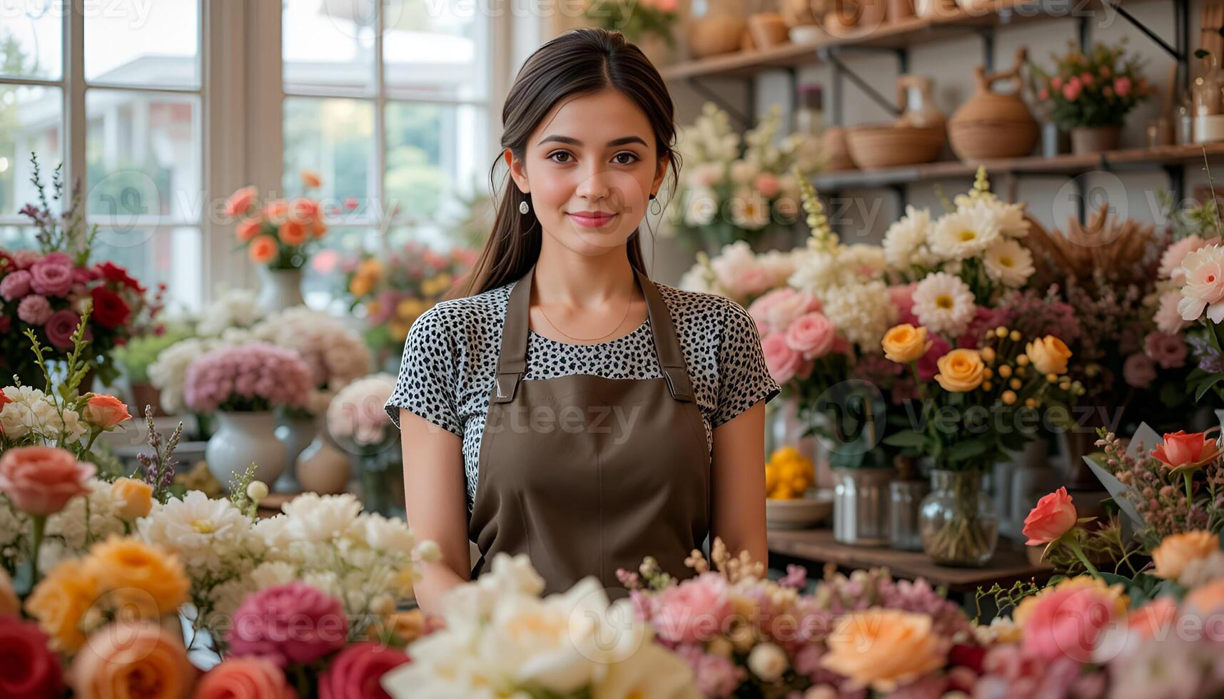 A female clerk in an apron stands behind the counter of a flower shop. photo