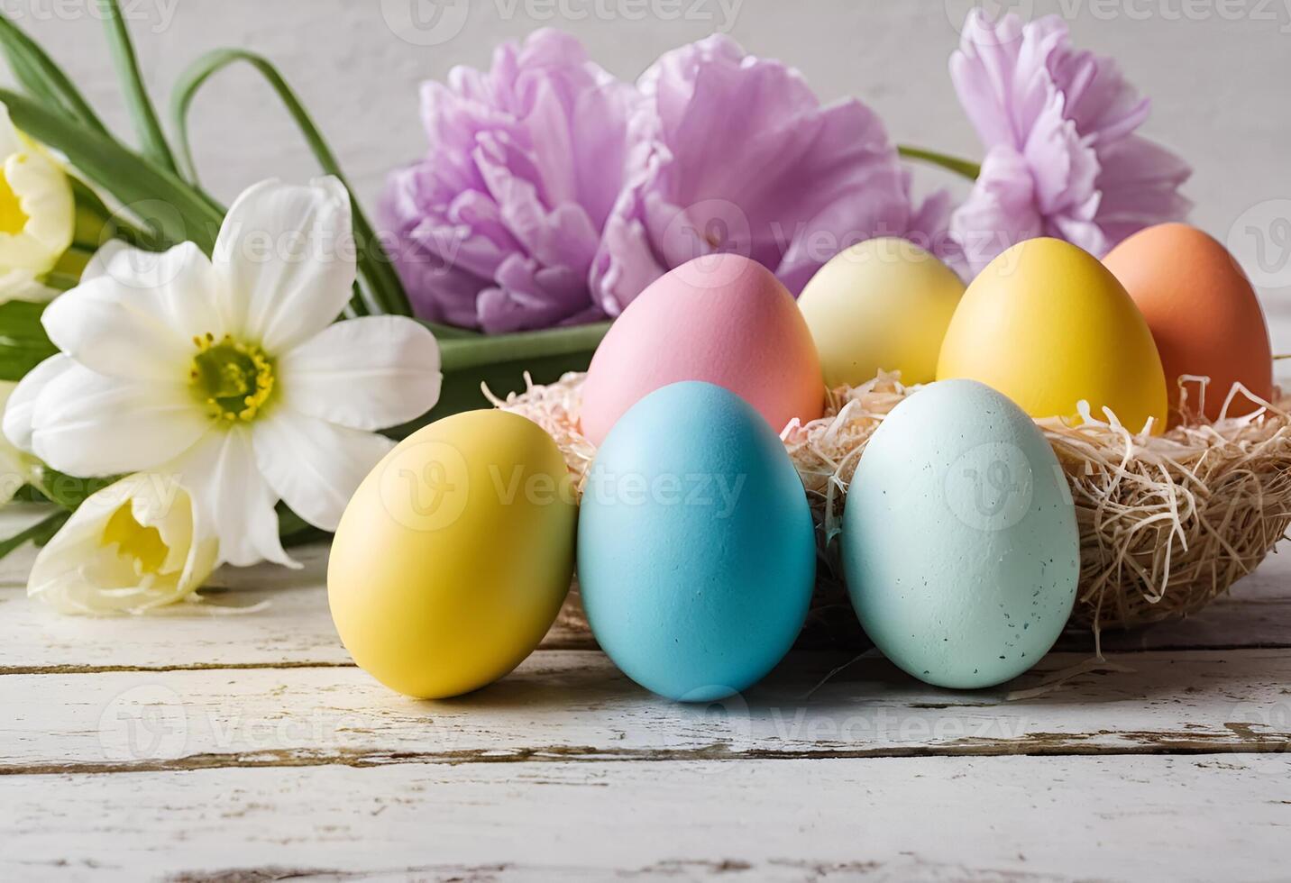 brightly colored eggs in basket surrounded by green grass and flowers. Perfect for Easter celebrations and creating a spring mood. photo