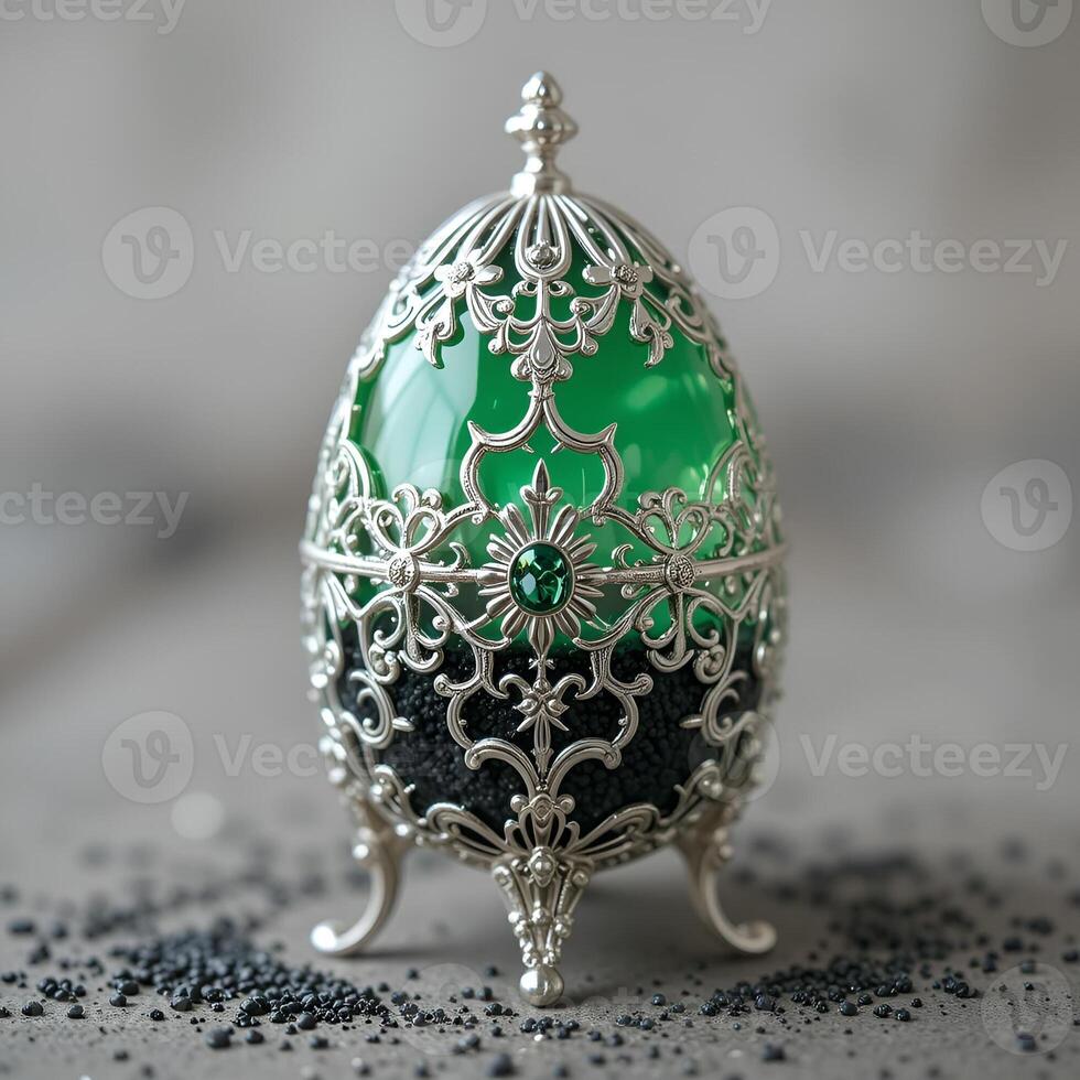 An elegant green egg with a filigree silver pattern, decorated with flowers and details, creates an impression of luxury and sophistication. photo