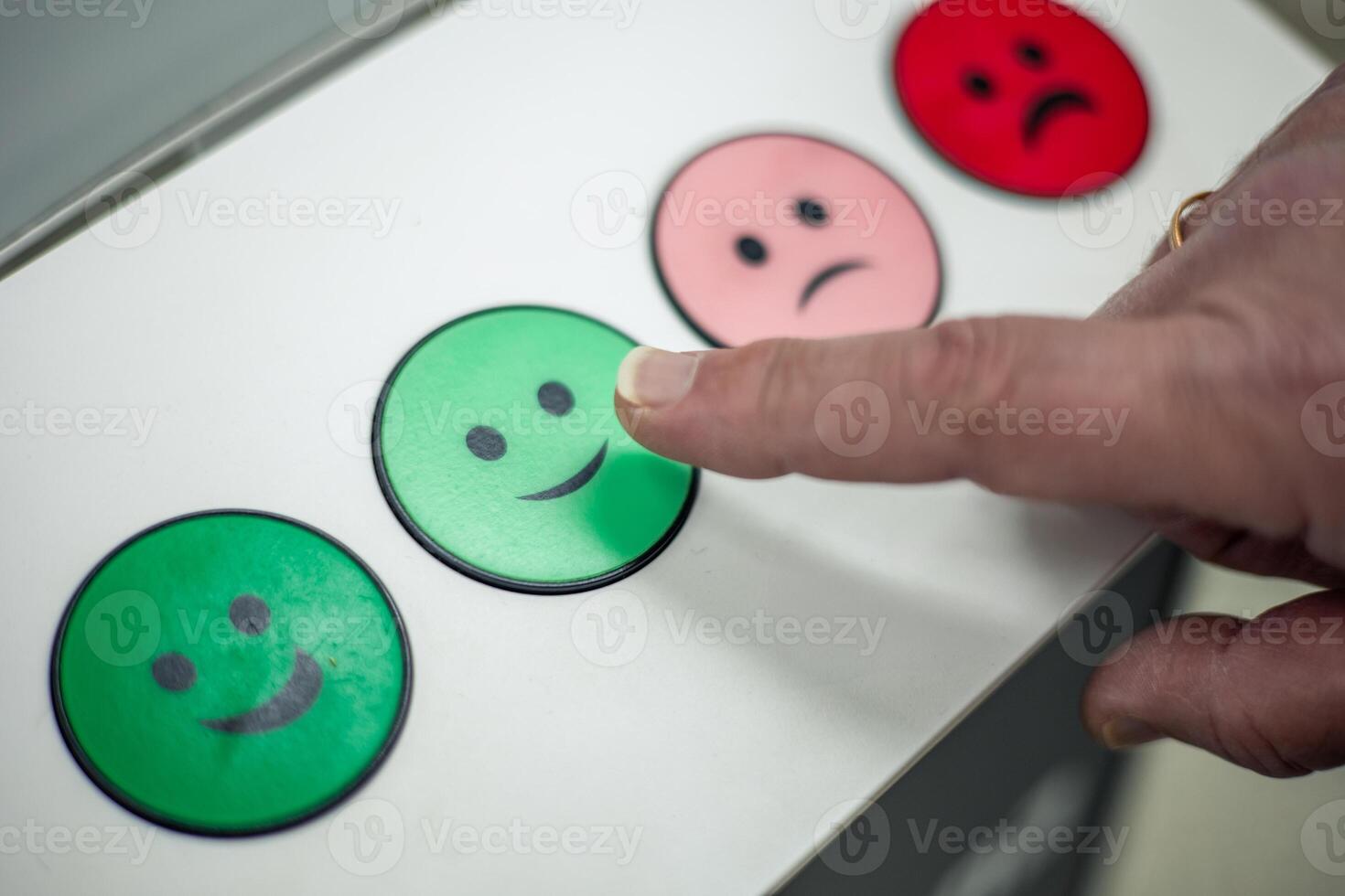 Customer pressing satisfaction level green button with a finger closeup photo
