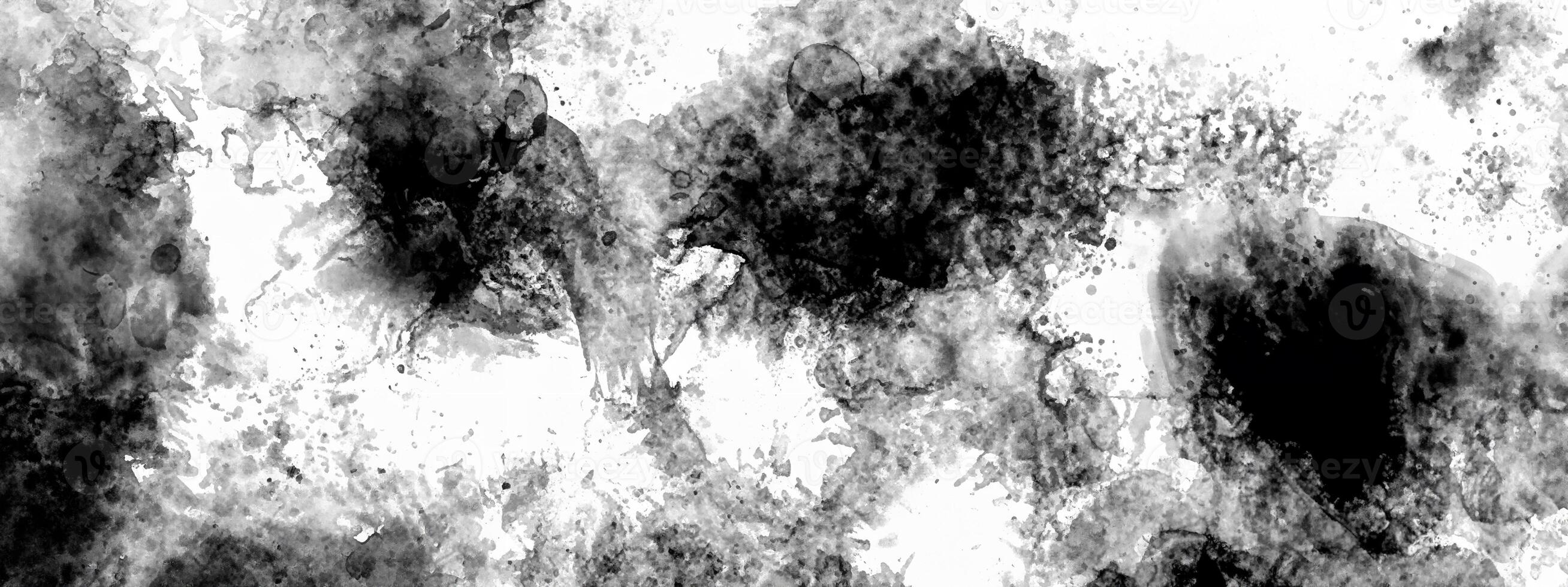 Monochromatic abstract watercolor texture with black and white ink splashes, grunge details, and artistic stains. photo